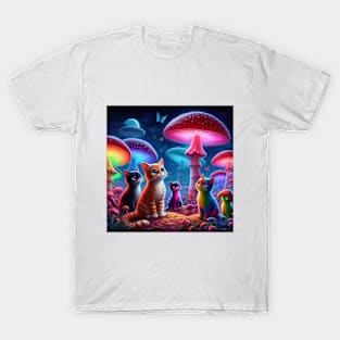 Psychodelic cats with mashrooms colorful T-Shirt